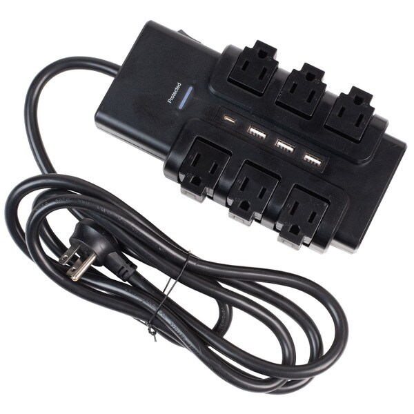 Main product image for 6-Outlets Extender Rotating Power Strip Surge Protector 6 ft Cord and 3 USB-A/1 USB-C PD Ports-Black125-602